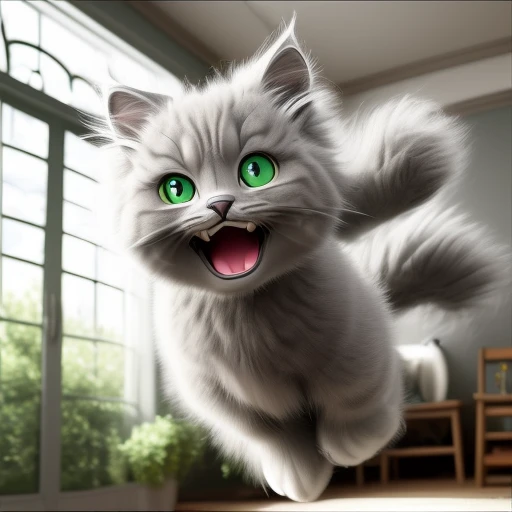 gray fluffy cat with green eyes jumping ...