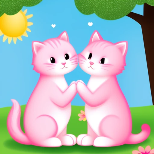 Pink cats kiss each other with hearts ca...