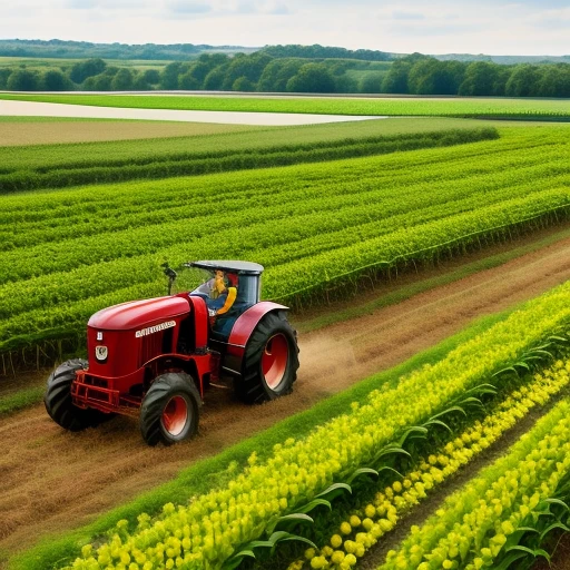 organic farm with corn crop, a red tract...