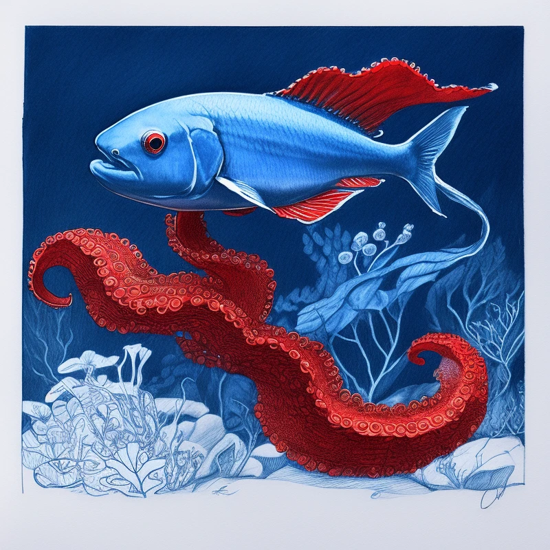 A blue fish plays piano. A red octopus p...