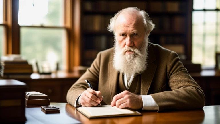 Charles Darwin, writing at his desk, his...