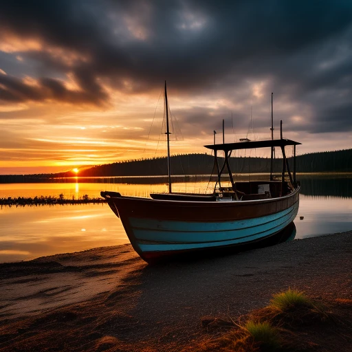 Old fishing boat. Lake. Forrest. Sunset....