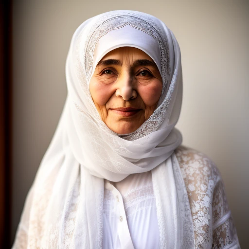 Turkish old hijab woman in white lingeri...