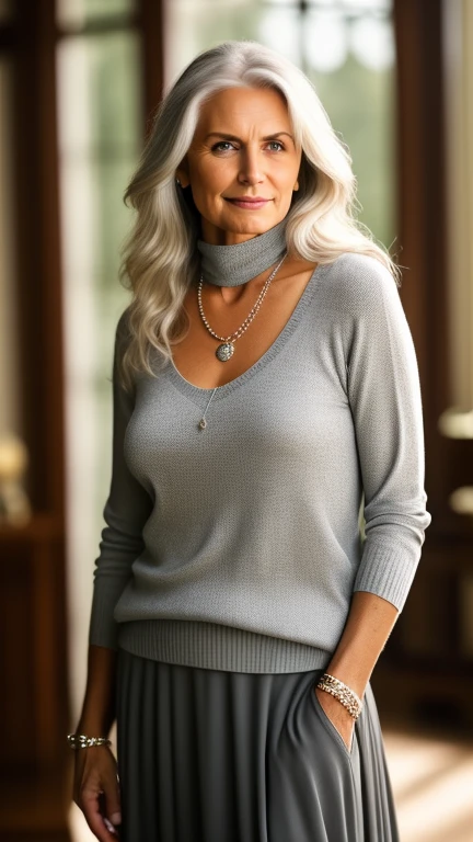 60 year old woman with long grey hair in...