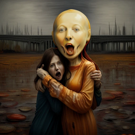 realistic painting of two scared women, ...