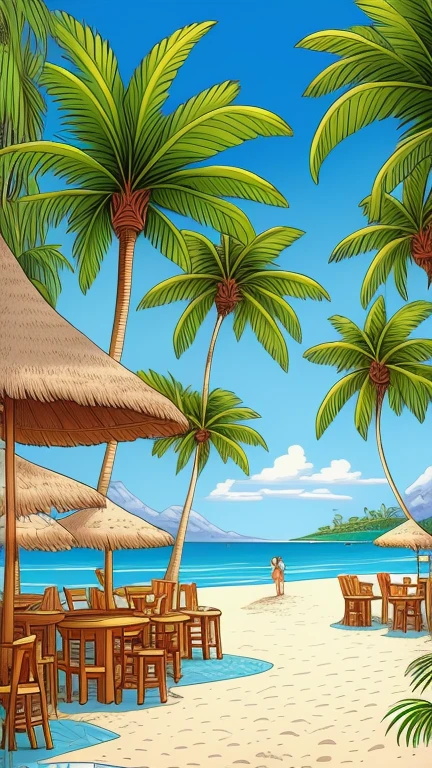 beach bar, palms, sun, water,