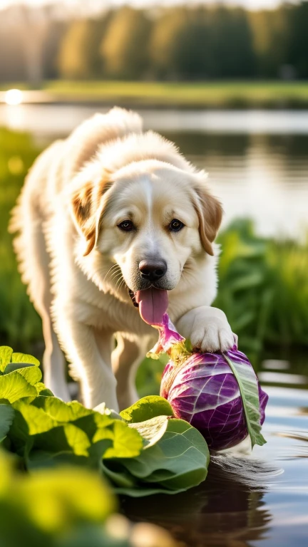 Dog eating a cabbage by the lake side. R...