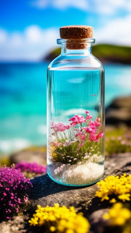 flowers in a bottle on a sea