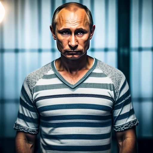 Vladimir Putin sad wearing striped priso...
