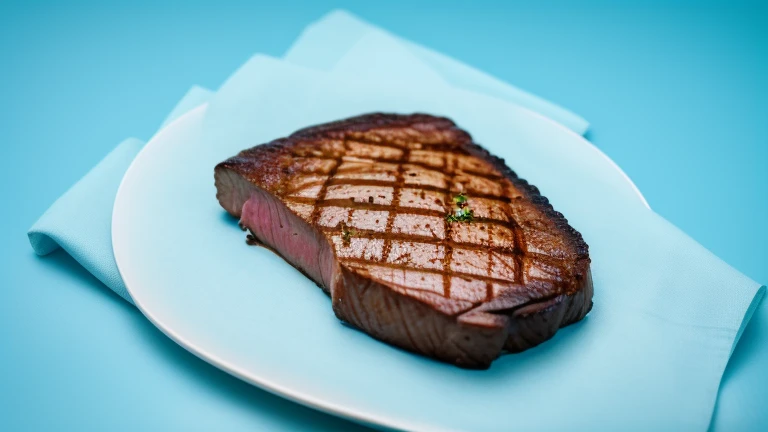Rare steak, pastel blue background, phot...