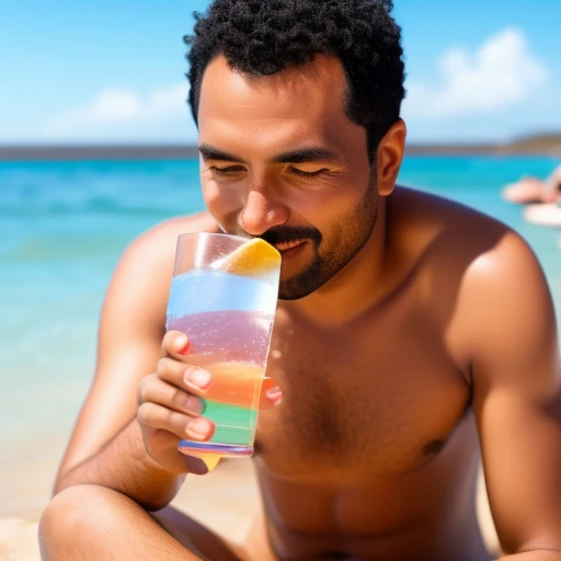 man getting a drink at the beach