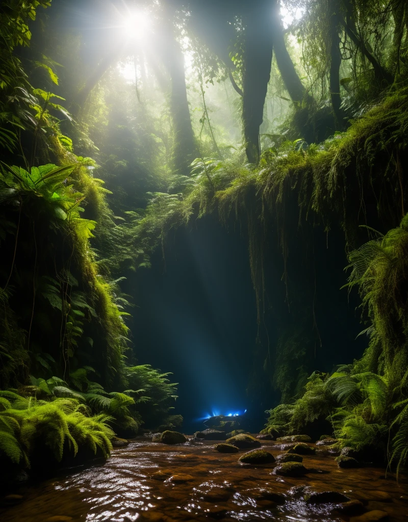 cave in a deep jungle with blue light sh...