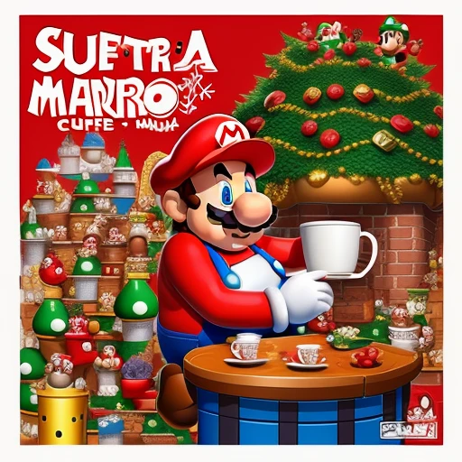 (super Mario as santa) with coffee cups