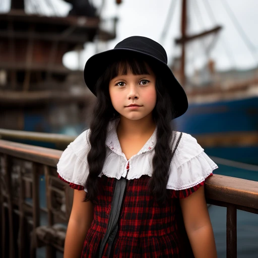 young girl, black cat on a old ship