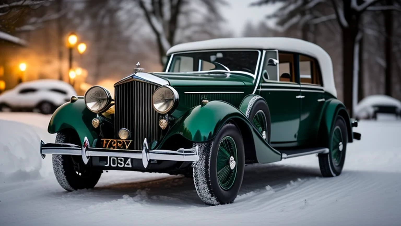 Green 1937 Blower Bentley in snow,