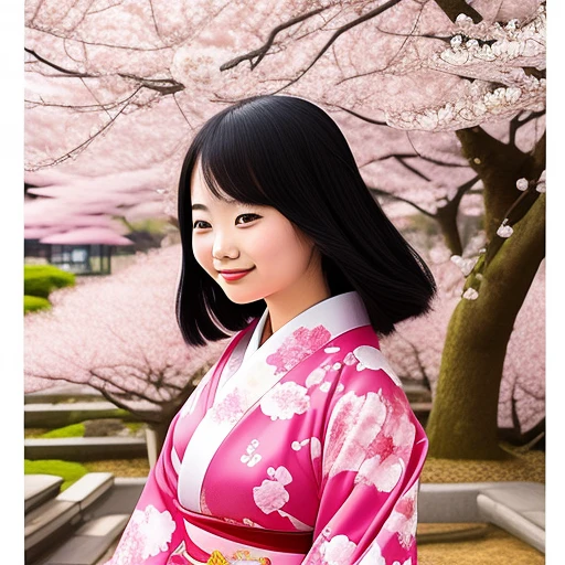 A Japanese girl in a kimono admiring the...