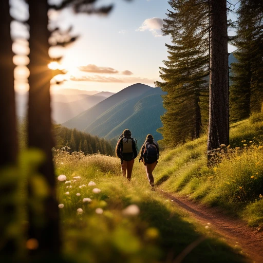 Hikers in beautiful nature. Sunset.