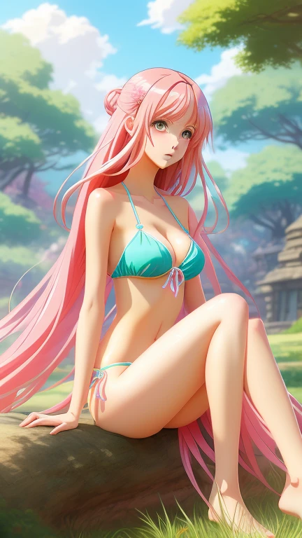 Girl in the park, bikini, pink long hair...