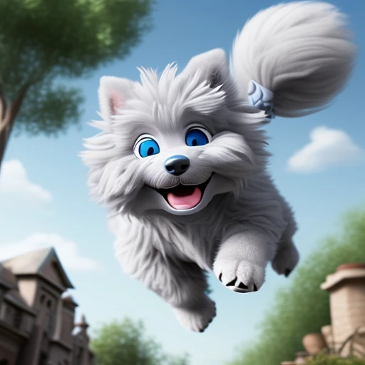 gray fluffy dog with blue eyes jumping h...