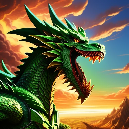 "A powerful green wooden dragon, radiati...