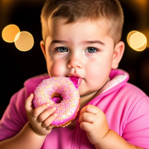 Chubby boy, eating a pink donut
