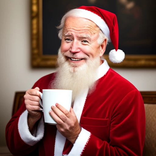 Biden as santa with coffee cups smiling