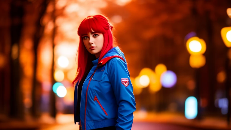 A girl in red jacket with blue hair, ful...