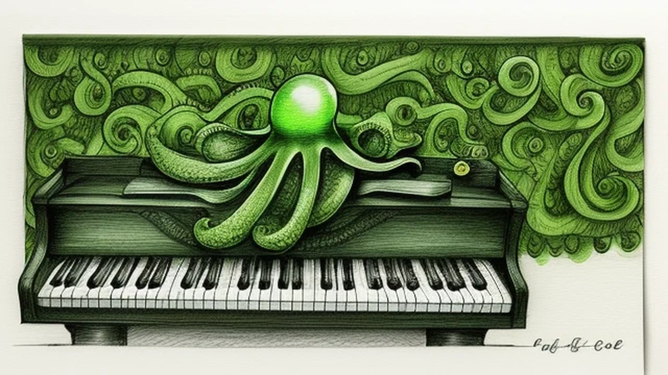 A green octopus plays piano.