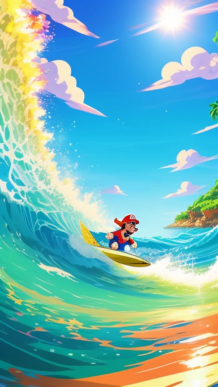 mario bros surfing over a wave under a s...