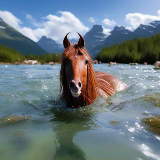 Un cheval brun dans l’eau avec un paysag...