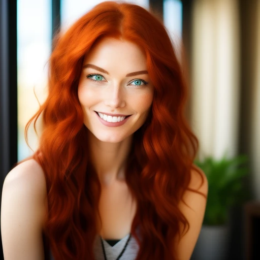 Red haired Woman with green eyes smiles ...