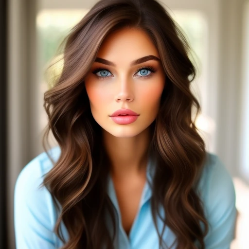 Gorgeous woman, brown hair, ice blue eye...