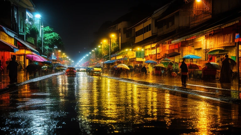 yangon art, street night, rain, car
