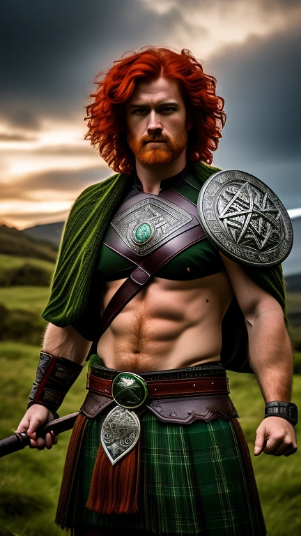 Irish Celtic warrior with red hair, gree...