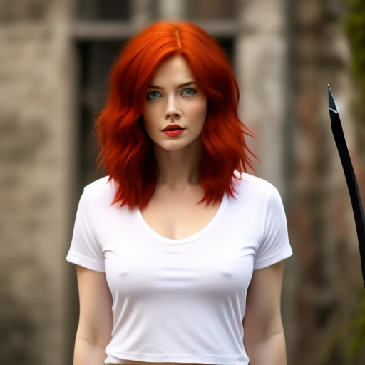 A irish woman, red hair, white t shirt ,...