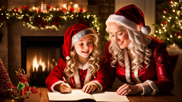 Mrs Claus showing child the magic of Chr...