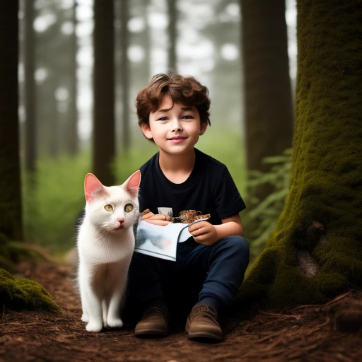 young boy with a cat in the forest
