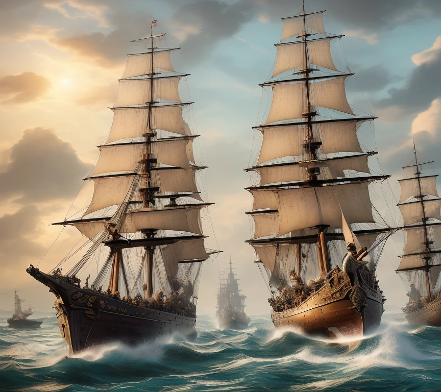 Old sea battle on the high seas, ships u...