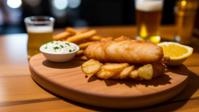 Fish and Chips and beer in sharp