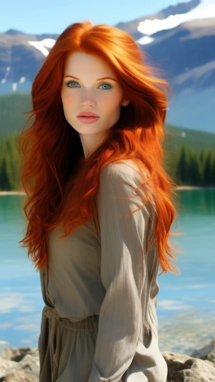 pretty redhead women with mountain and l...