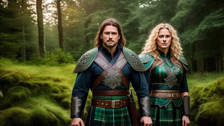 Irish Celtic female and male warriors wi...