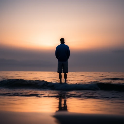 Un jeune homme assis au crépuscule face ...