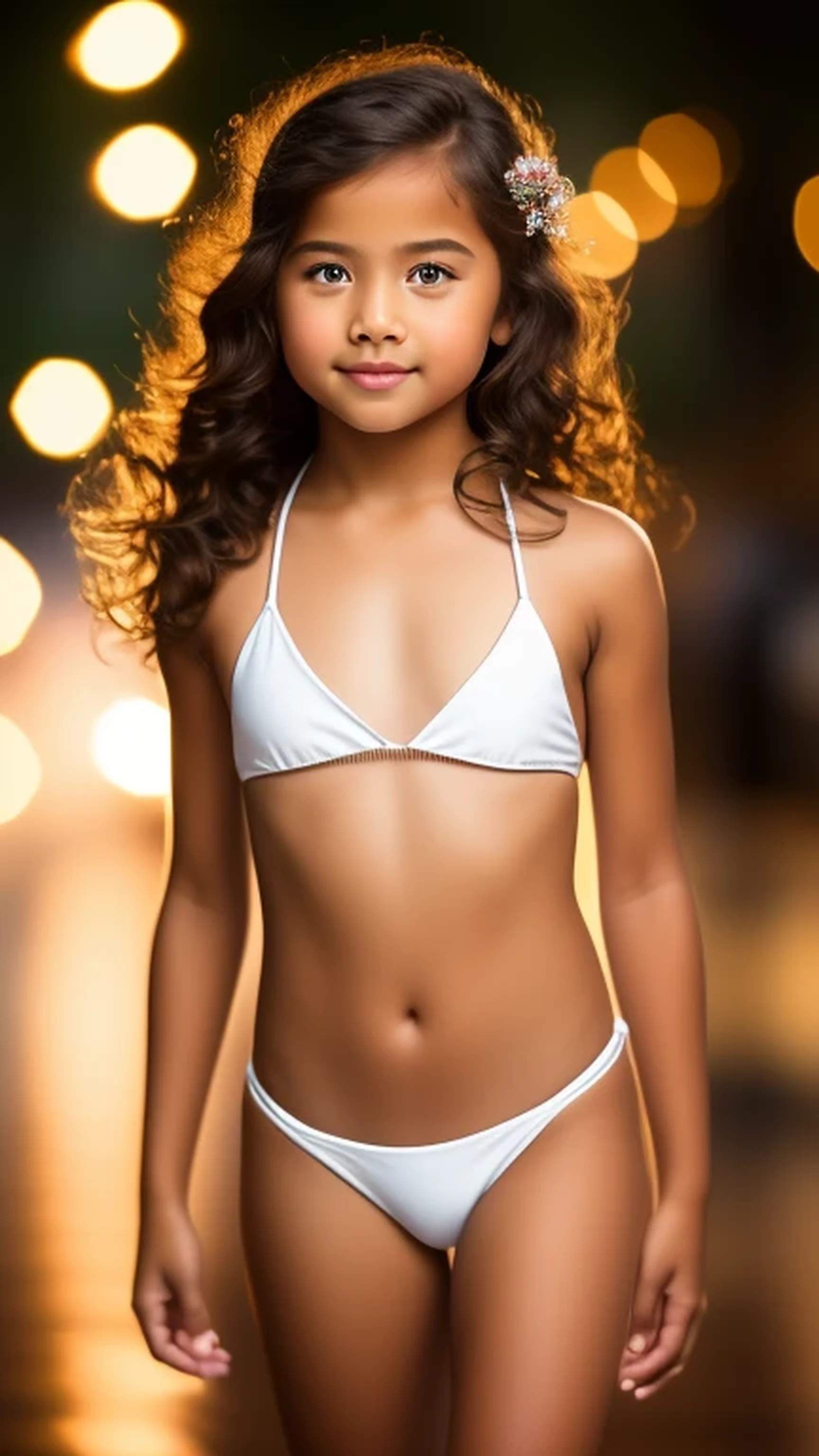 1. Bikini, 10-years-old girl, standing o...