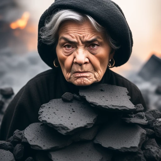 Angry old woman in pile of coal