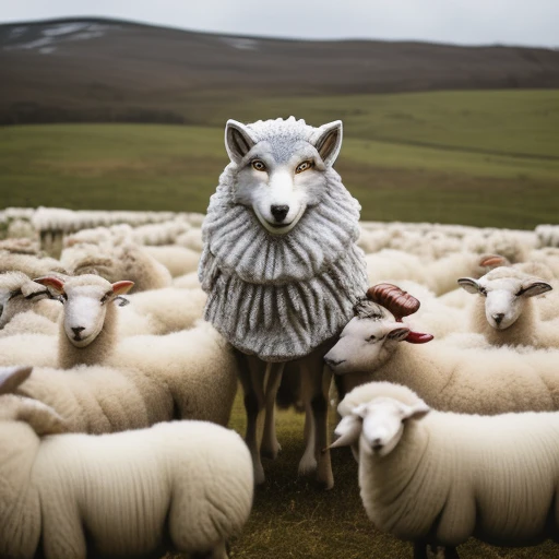 wolf wearing sheep costume, many sheep i...