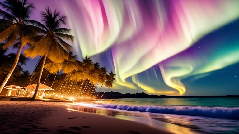 northern lights over a beach in the late...