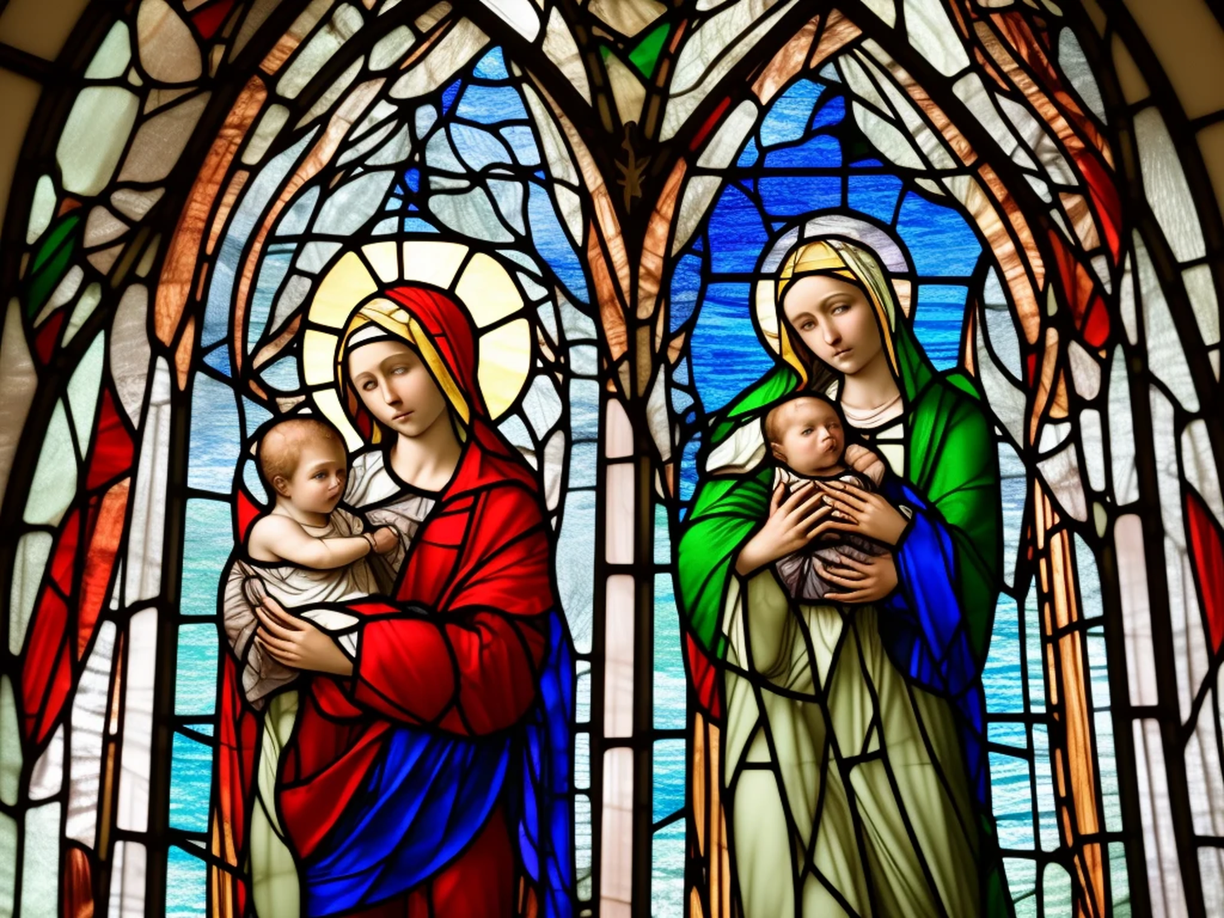 stained glass window, baby Jesus and Hol...