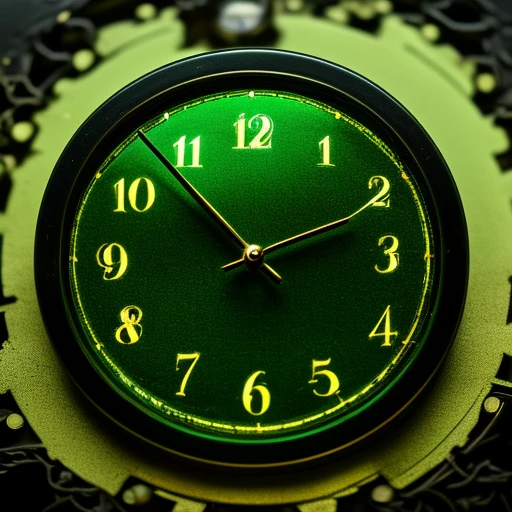 A broken clock, Glowing, Emerald Green, ...