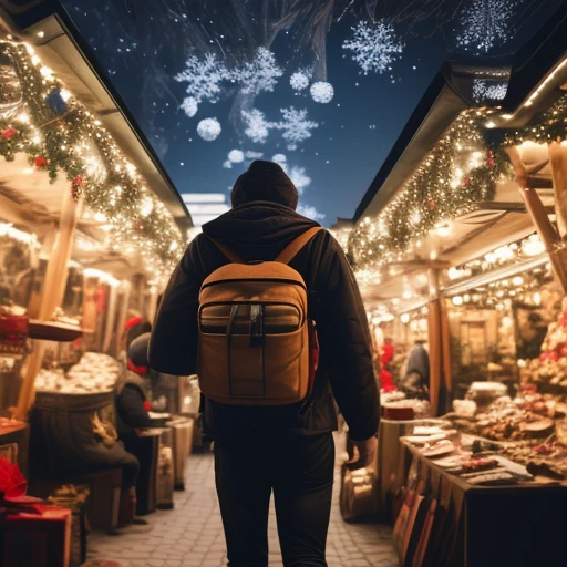 man with backpack on christmas market