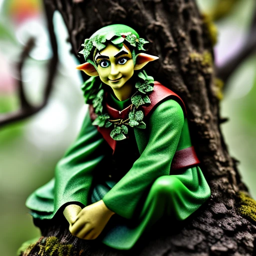 elf sitting on the tree with a flower on...